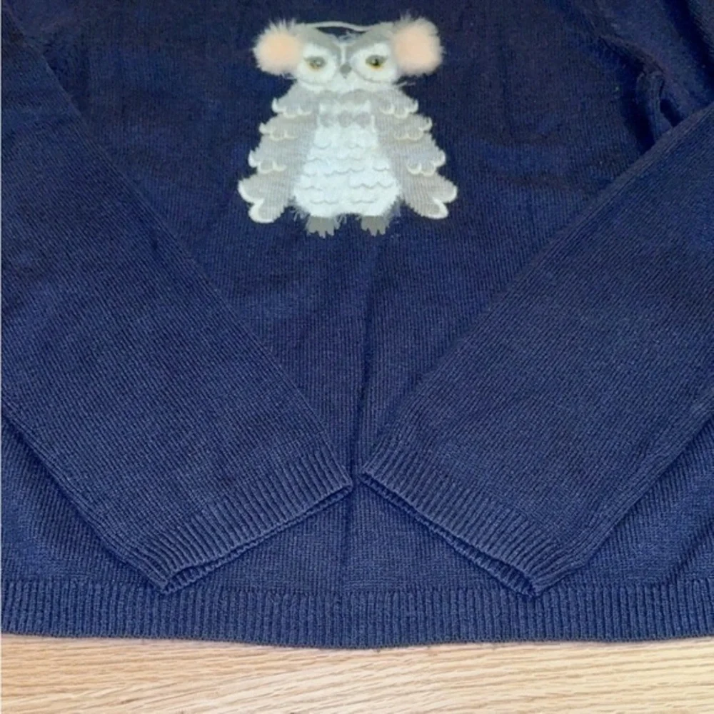 Kate Spade Broome Street Navy Blue Wool Blend Owl Crewneck Sweater Large‎